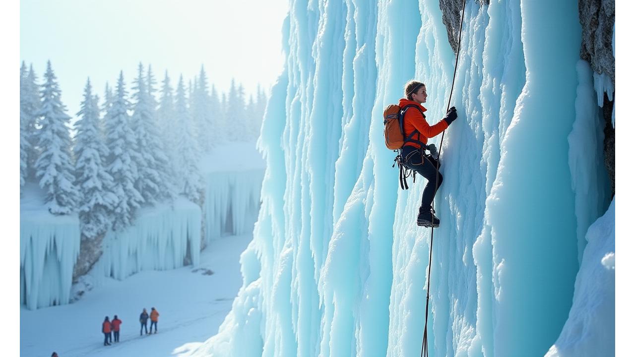A solo climber ascending a frozen waterfall, harnessed and roped, with supportive group members cheering from below.