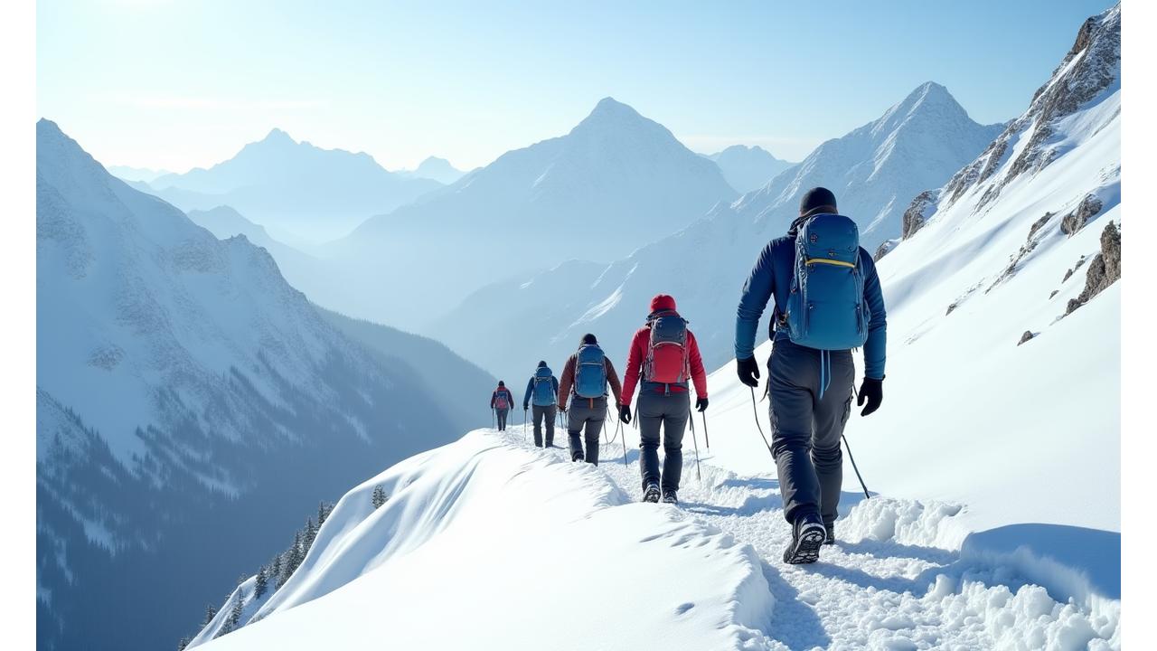 An expert Permafrost Path guide confidently leading a group of solo travelers across a safe, snowy path, demonstrating leadership and safety protocols.