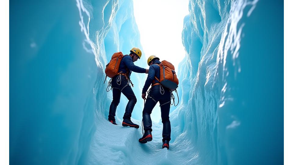 A guided ice climber ascending a glacial wall, roped and helmeted, demonstrating safe but challenging adventure.