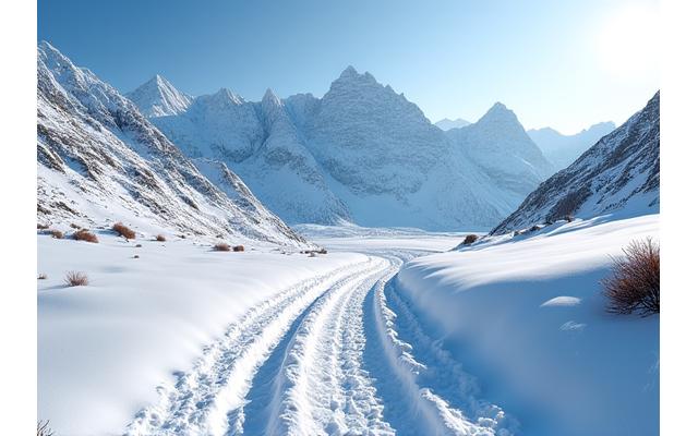 Panoramic view of a clear mountain path leading through snow-dusted peaks, symbolizing clarity and journey.