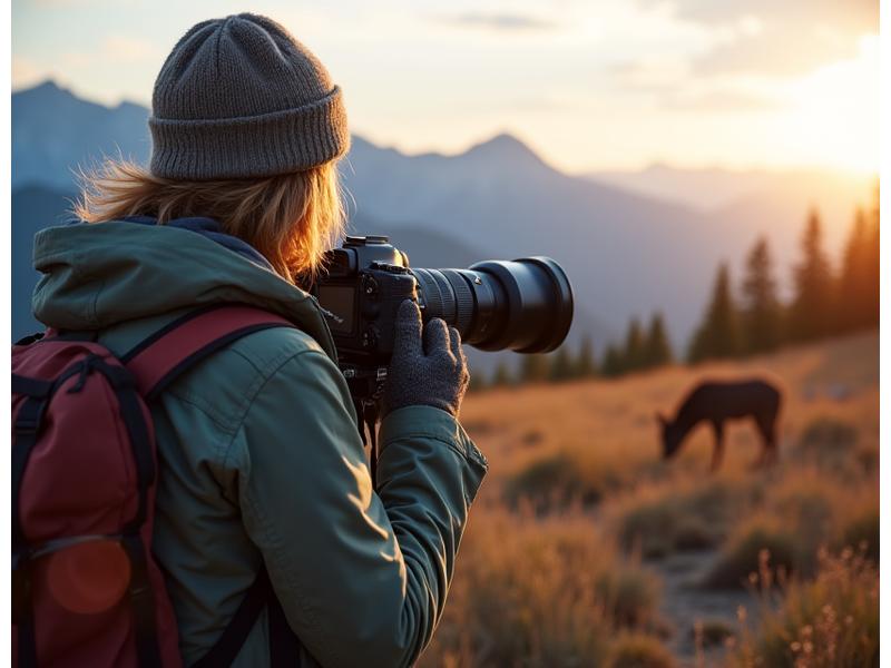 Wildlife photographer with a long telephoto lens observing an animal from a distance.