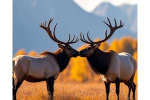 Two bull elk locking antlers during the autumn rut.