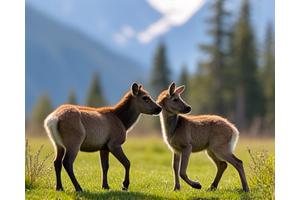 Newborn elk calf running through a spring meadow.
