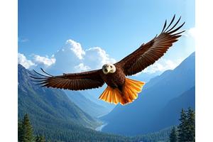 Golden Eagle soaring against a backdrop of summer mountains.