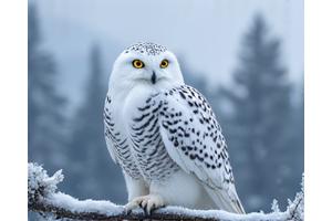 Snowy Owl perched on a snow-covered branch in winter.