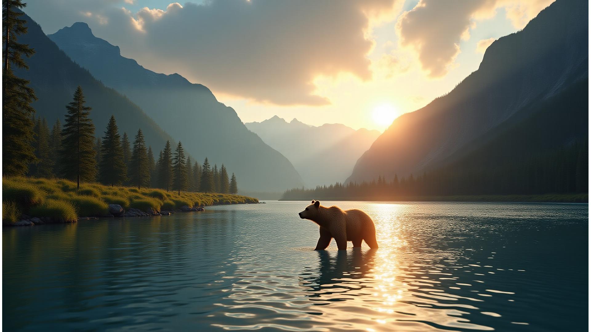 Majestic Grizzly Bear wading through a pristine Canadian Rockies river, bathed in golden hour light, observed from a respectful distance.