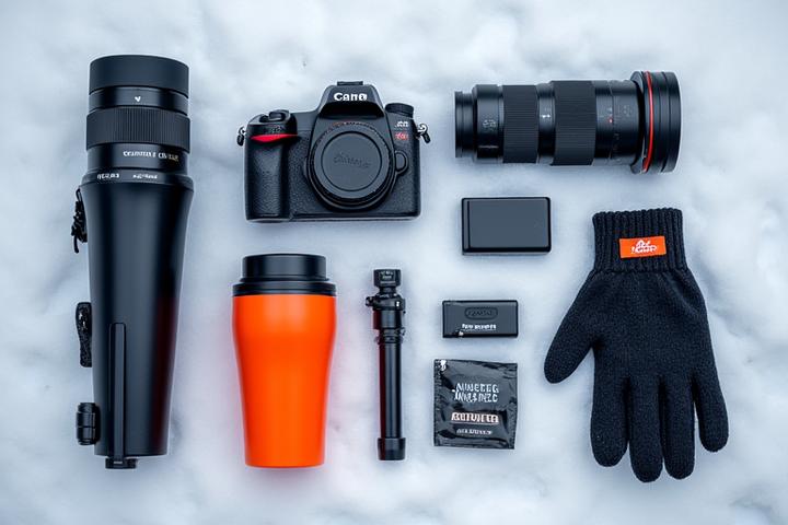 A flat lay of essential winter photography gear: a DSLR camera, multiple batteries, warm gloves, a tripod, lens filters, and a thermos, all neatly arranged on a snowy surface.