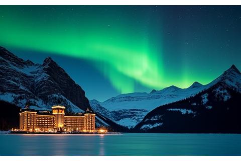 Vibrant green aurora borealis dancing over a frozen Lake Louise, with snow-capped mountains in the background, captured in a long exposure.