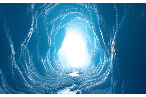 Inside a magnificent blue ice cave, lit by natural daylight filtering through the ice, revealing intricate textures and ethereal glow.