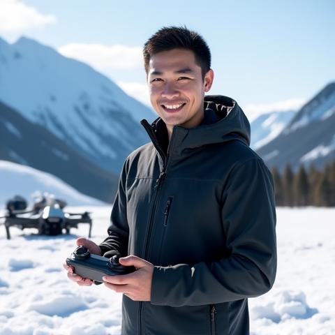Portrait of David Chen, specializing in post-processing and drone photography, holding a drone controller with mountains in the distance.