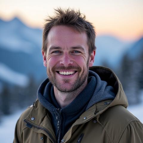 Portrait of Liam O'Connell, a seasoned wilderness photographer, smiling warmly in a snowy mountain environment.