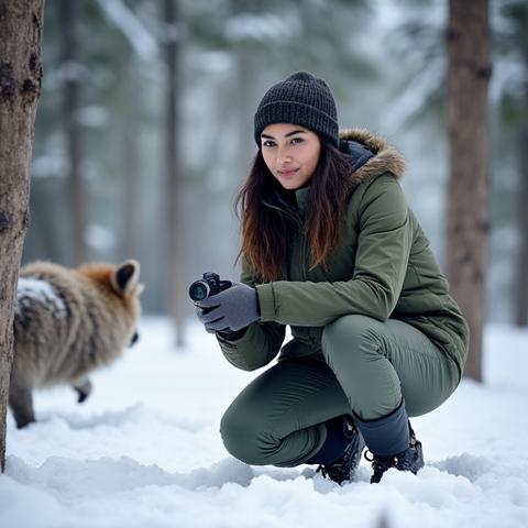Portrait of Maya Singh, an award-winning wildlife photographer, crouched observing an animal in a snowy forest.
