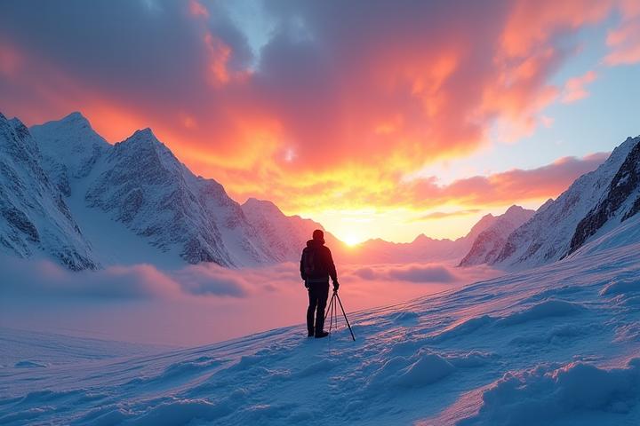 Photographer silhouetted against a vibrant winter sunrise over a snow-covered glacier in Banff, capturing the breathtaking scene.