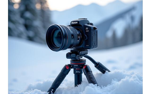 Close-up of a weather-sealed camera on a tripod, frost visible on the lens, with snowy mountains in the background, demonstrating cold-weather readiness.