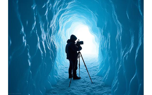 Inside a shimmering ice cave, with a photographer carefully adjusting exposure settings to capture the intricate blue ice formations and subtle light.
